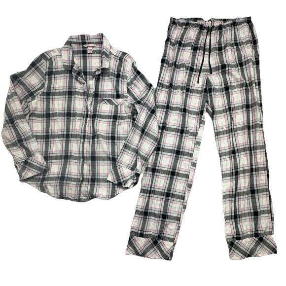 Victoria’s Secret Other - Victoria’s Secret Pajama Set Size Medium Black Pink White Plaid Flannel